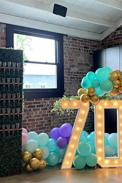 Balloons, Champagne Wall, and Lighted Numbers