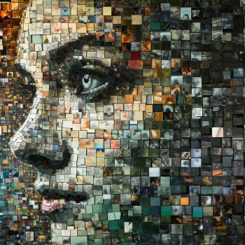 This photo showcases a close-up view of a face created using a mosaic of many differently colored squares, A mosaic made of miniature images representing bits of data on a NAS, AI Generated